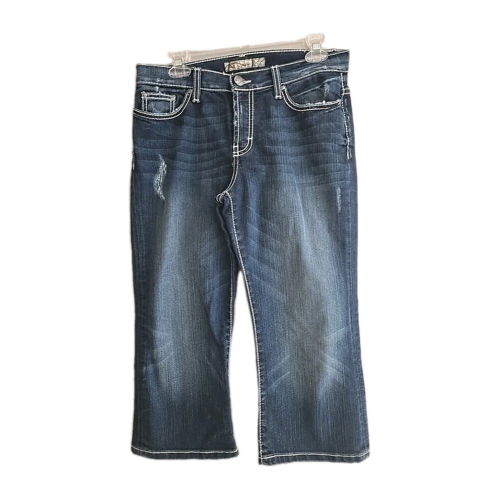 BKE Drew Blue Denim Straight‎ Leg Whiskers Distressed Cropped Jeans Womans Sz 28
